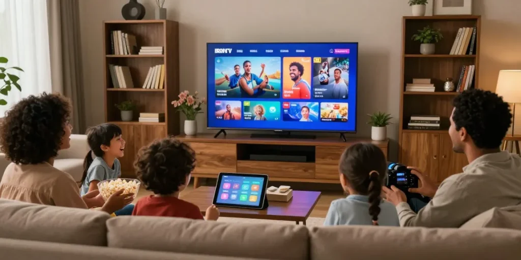 Une famille heureuse regardant iron tv en 4K dans un salon confortable.