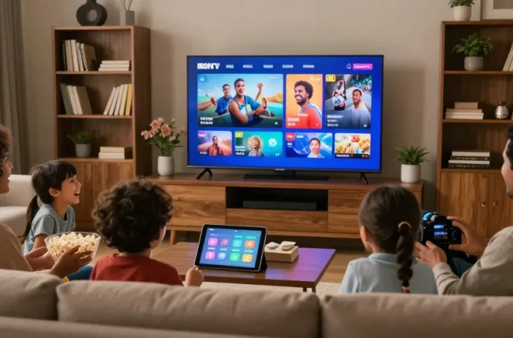 Une famille heureuse regardant iron tv en 4K dans un salon confortable.
