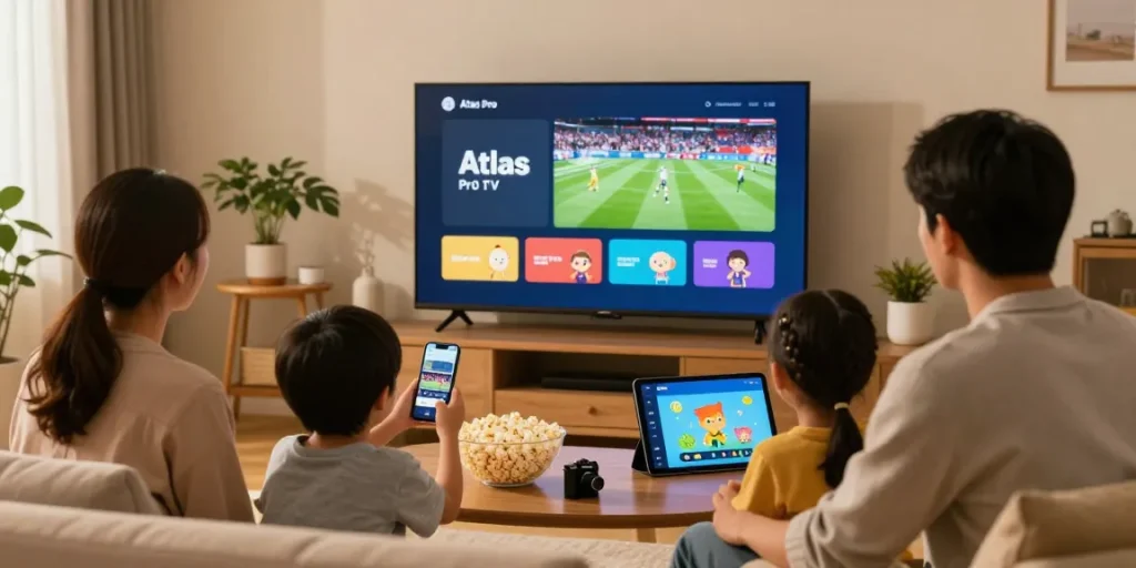 Famille utilisant l'application Atlas Pro IPTV pour un divertissement à domicile