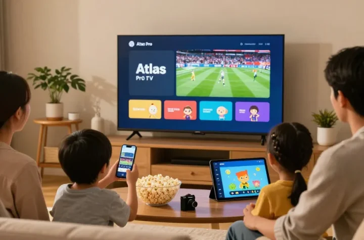 Famille utilisant l'application Atlas Pro IPTV pour un divertissement à domicile