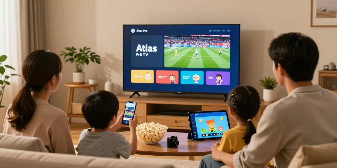 Famille utilisant l'application Atlas Pro IPTV pour un divertissement à domicile