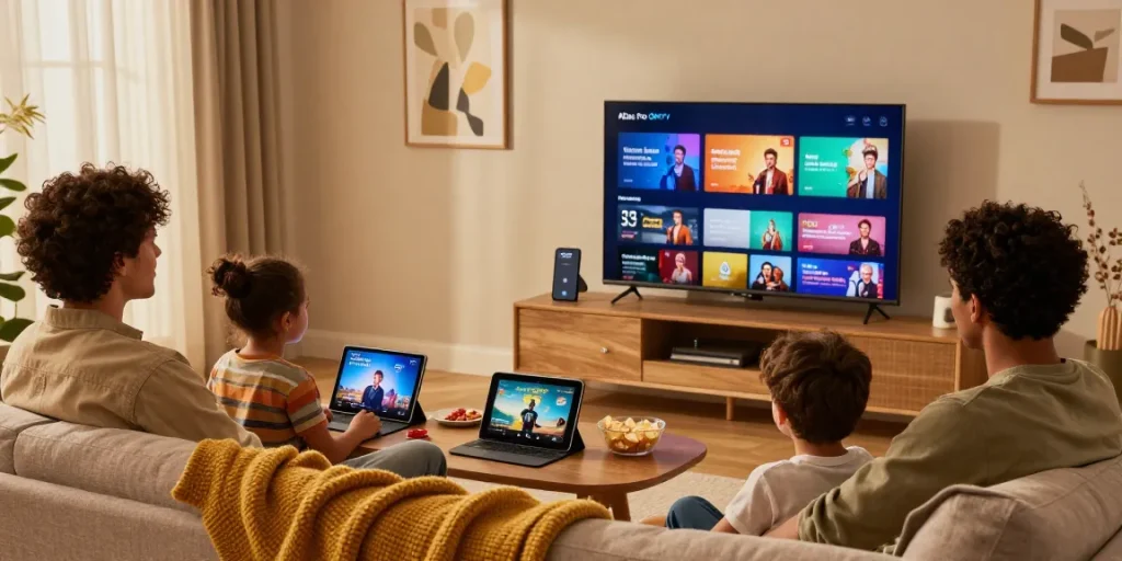 Famille utilisant atlas pro ontv pour regarder des films et séries à domicile