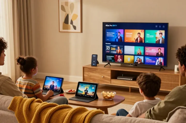 Famille utilisant atlas pro ontv pour regarder des films et séries à domicile